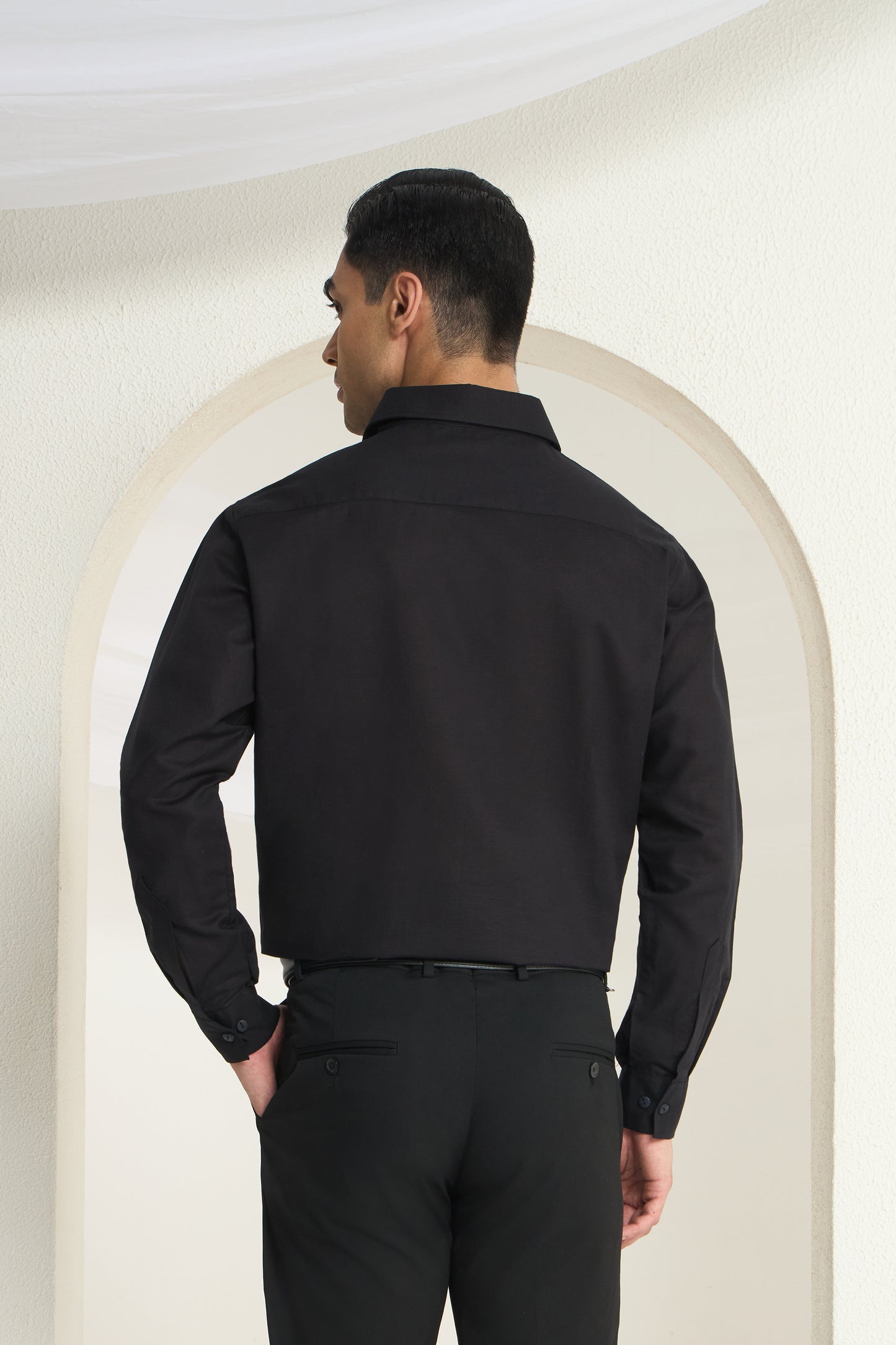 Black Linen-Half Concealed Placket and Hidden Kaaj (Buttonhole) Premium Formal Shirt | INDYSLAY