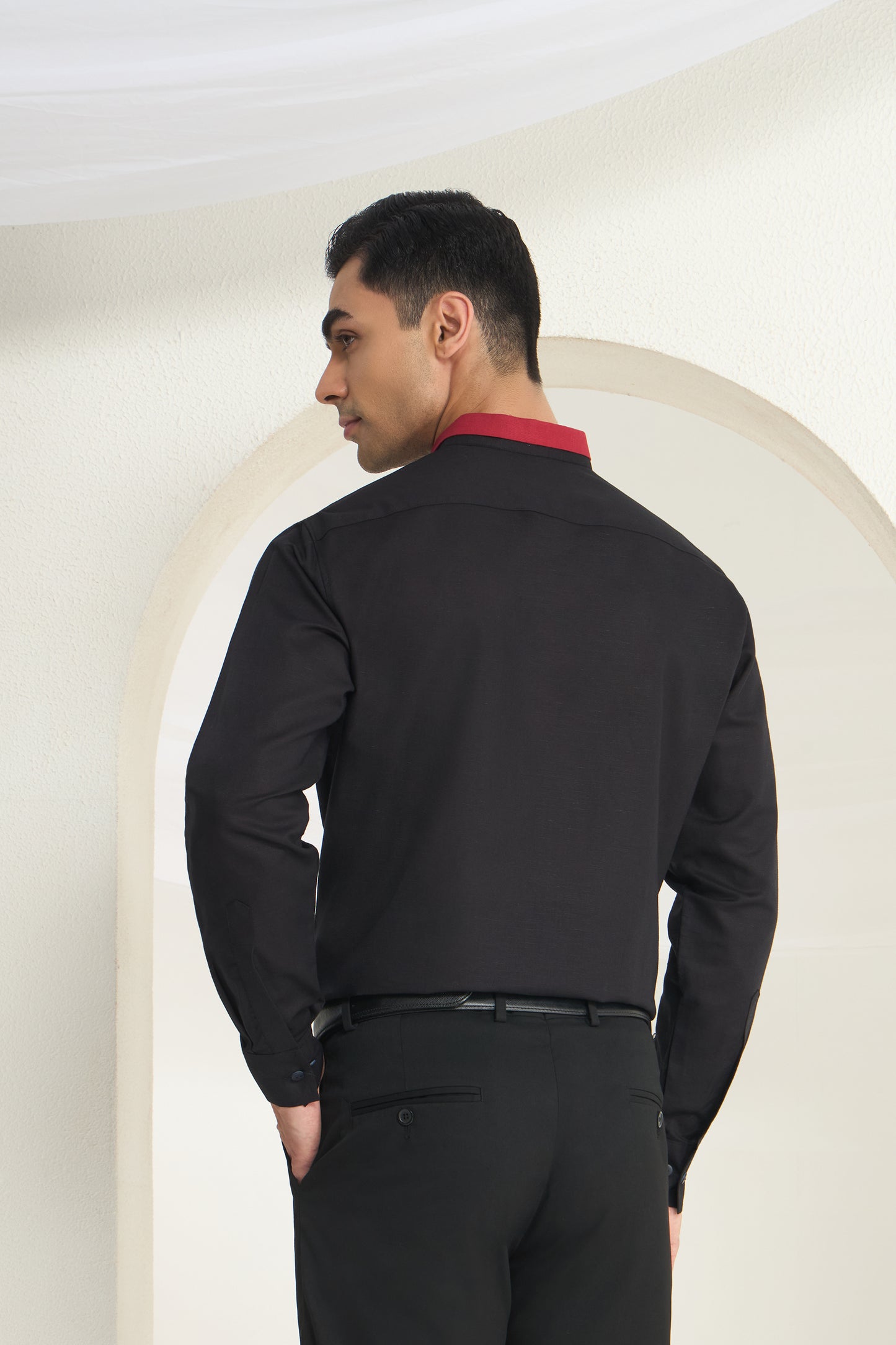 Black Short Collar Linen Shirt with Crimson Contrast Collar & Stitch Detail | INDYSLAY