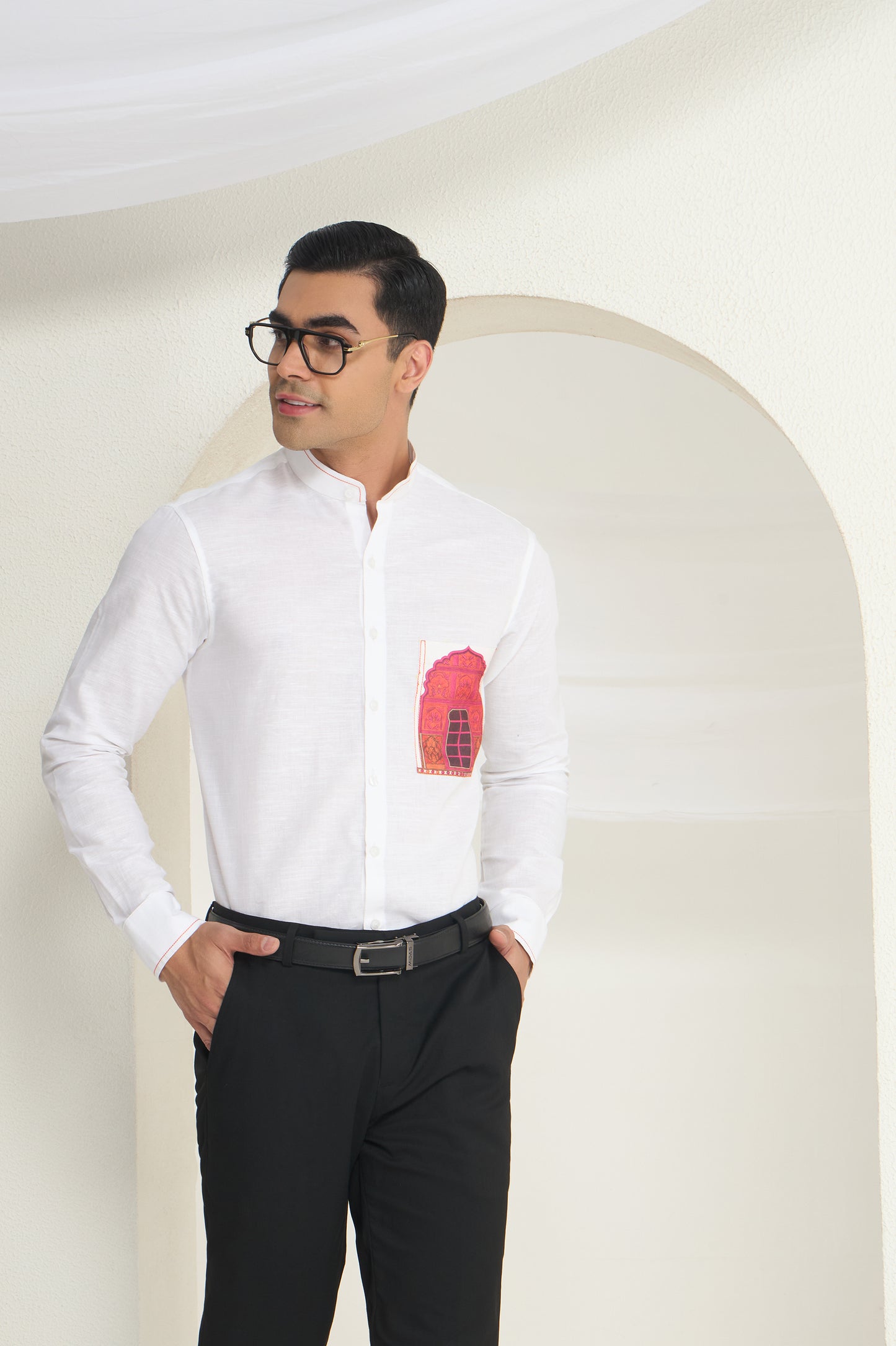 White Mandarin Collar Linen Shirt with Heritage Window Pocket Print | INDYSLAY Limited Edition