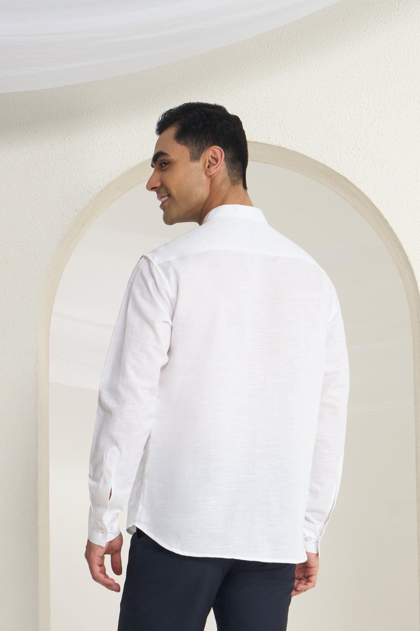 White Linen Mandarin Collar Shirt for Men with Blue Printed front Yoke | INDYSLAY