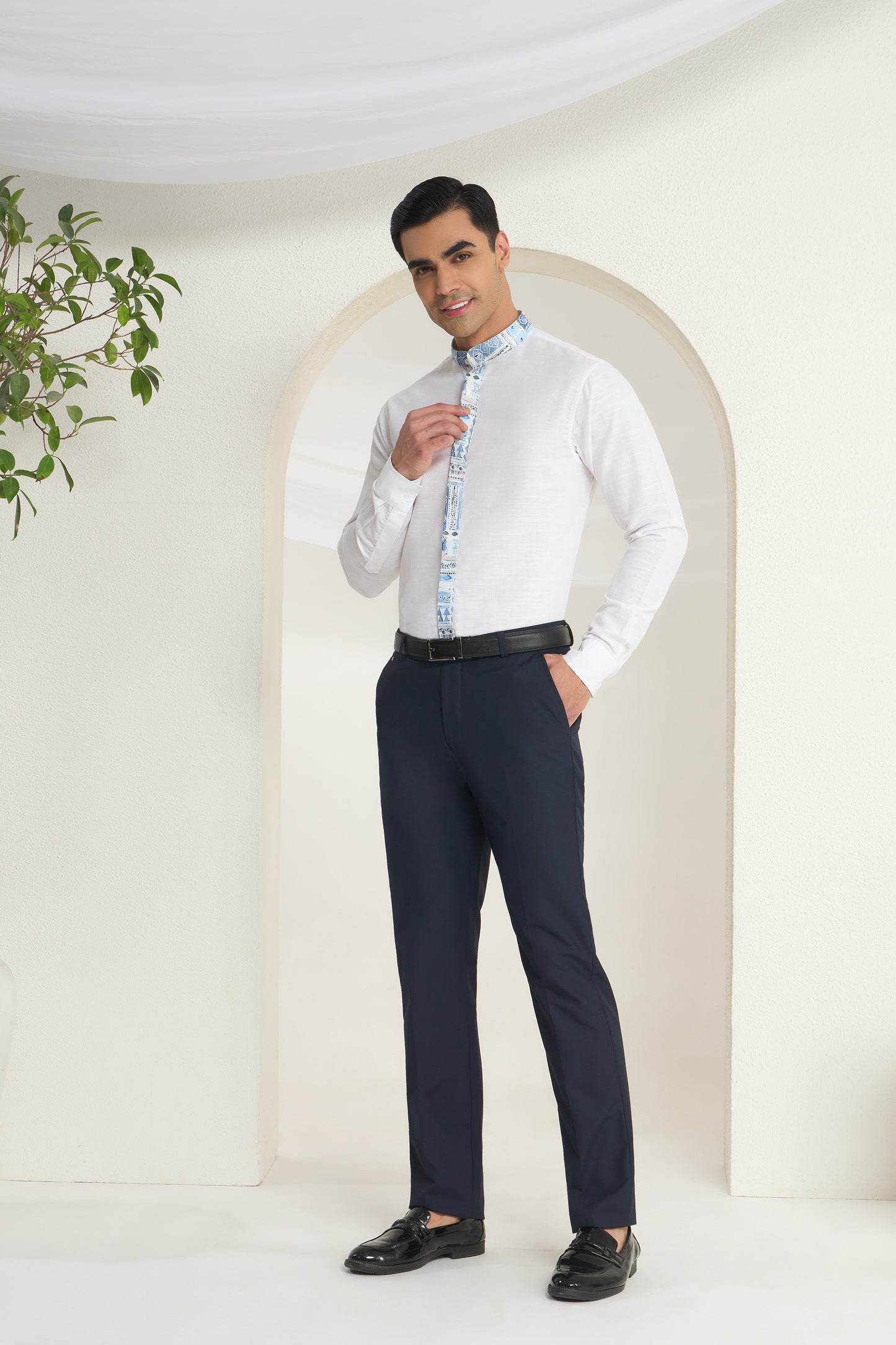 Azure Heritage Placket & Mandarin Collar Print- White Linen Shirt | INDYSLAY