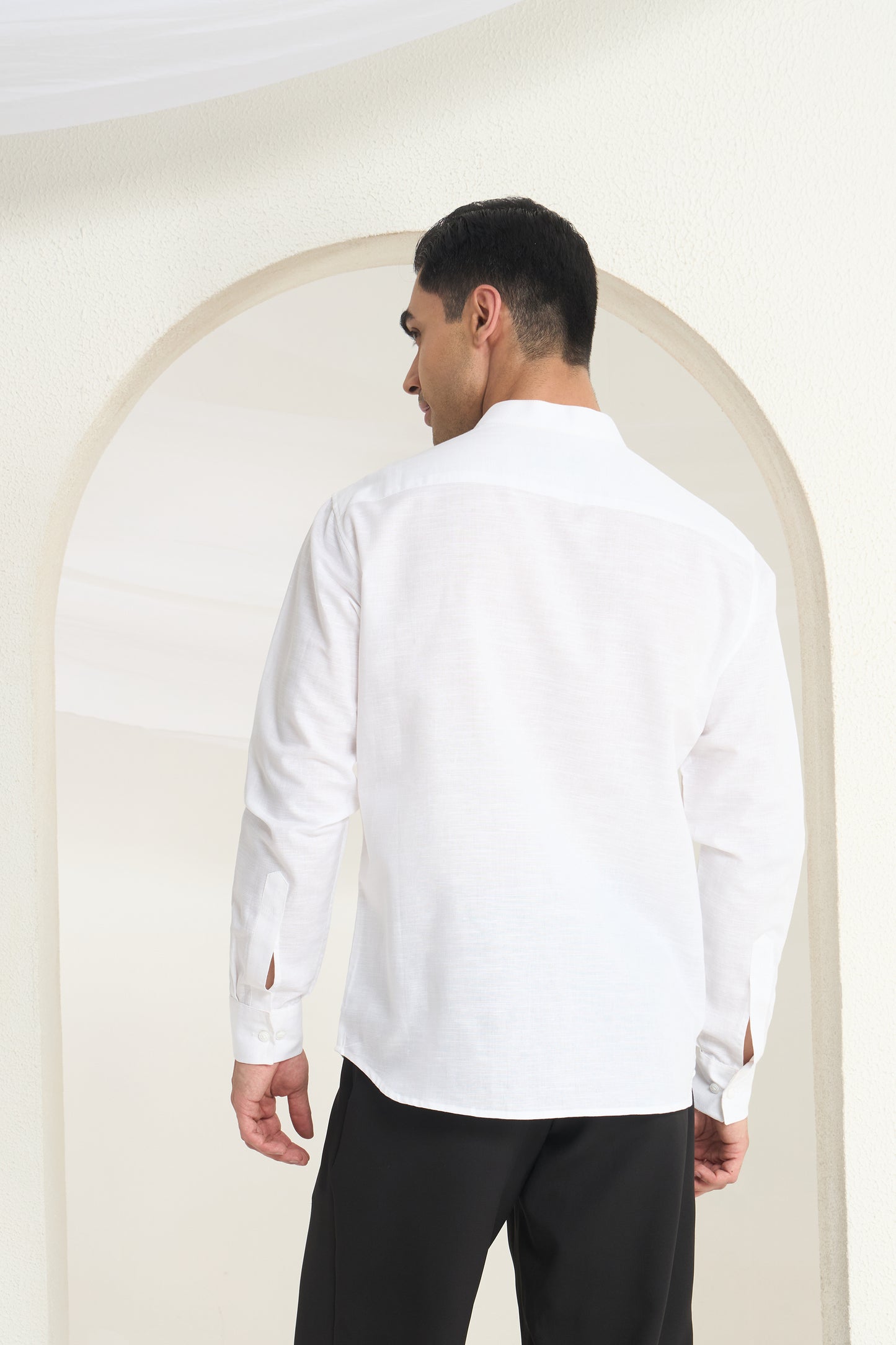 White Mandarin Collar Linen Shirt with Monochrome Geometric Print Side Yoke | INDYSLAY