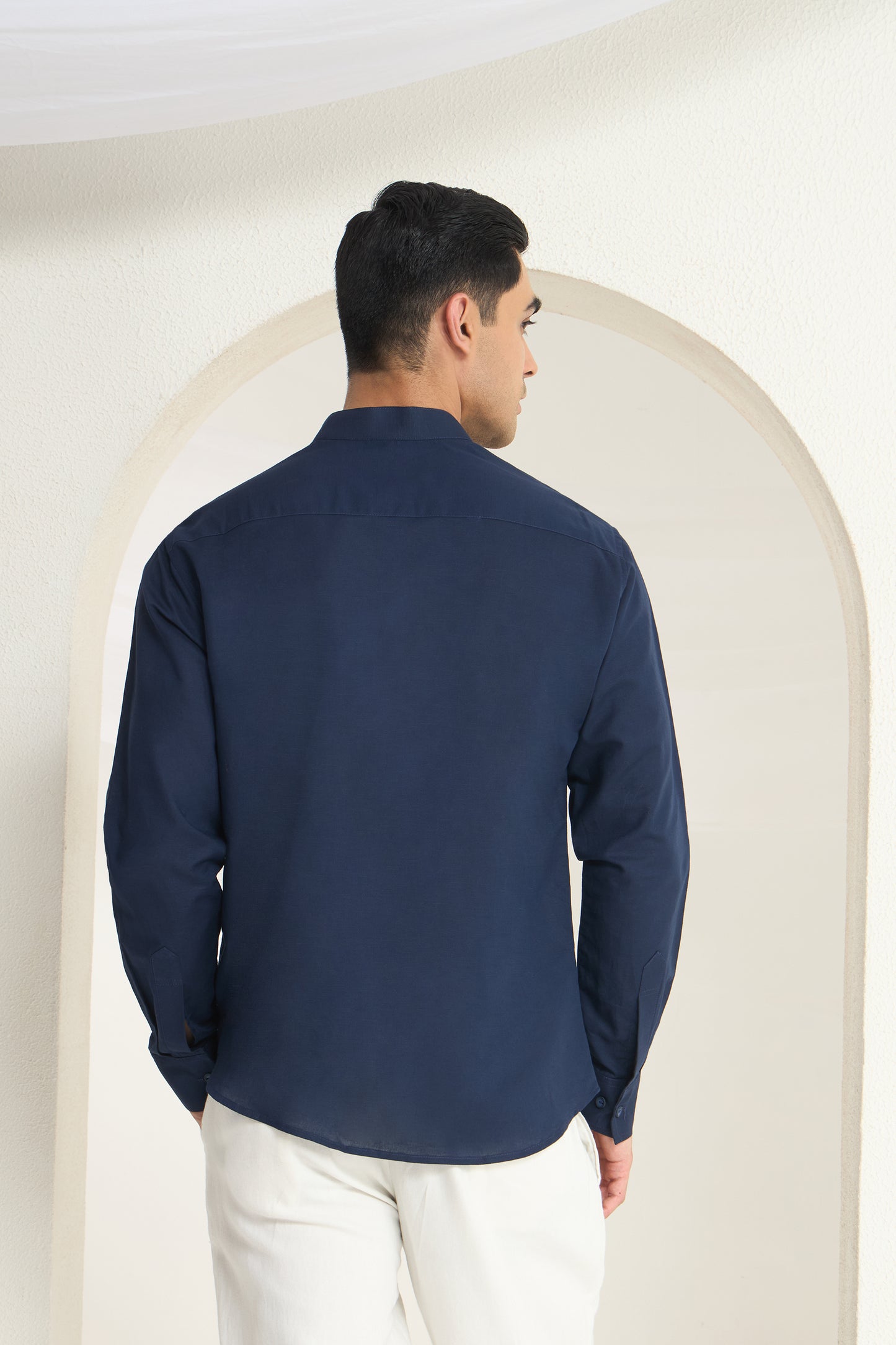 Navy Blue Mandarin Collar Linen Shirt for Men - Half Concealed Placket | INDYSLAY