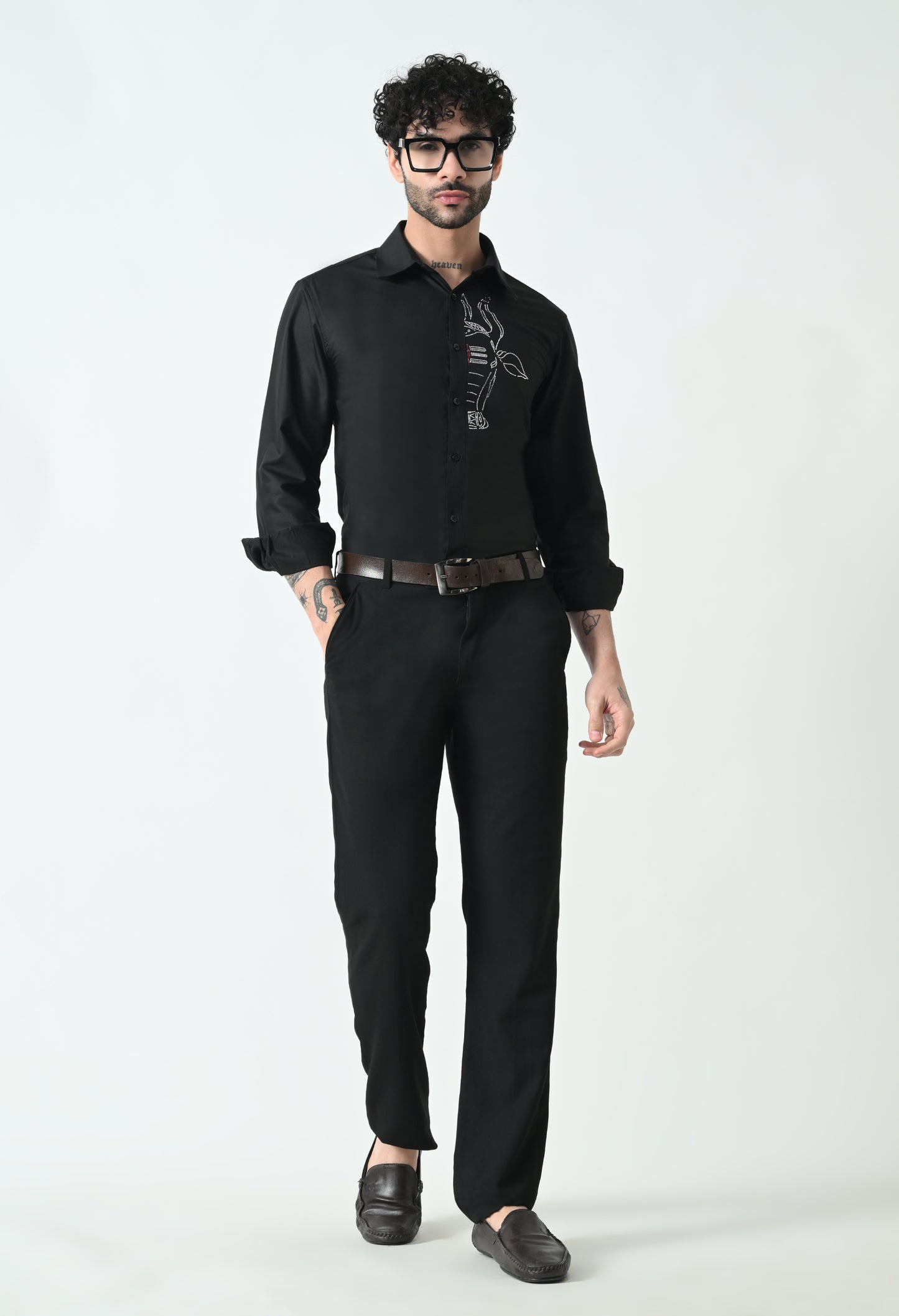 Indyslay Black Designer premium stone work Cotton sheen Shirt (White Nandi)