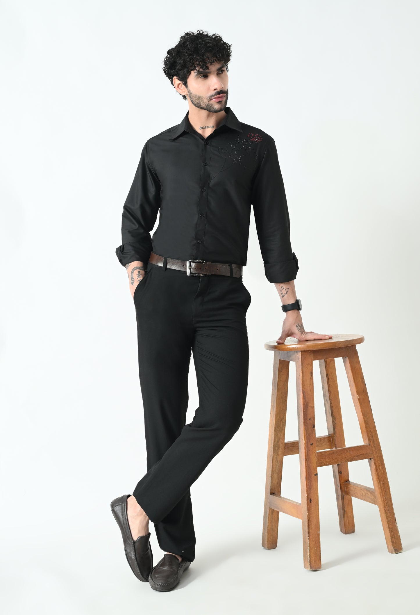 Indyslay Black Designer premium stone work Cotton sheen Shirt (Girl face with red Rose)