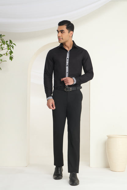 Black Linen Shirt for Men with Monochrome Geometric Contrast Placket | INDYSLAY