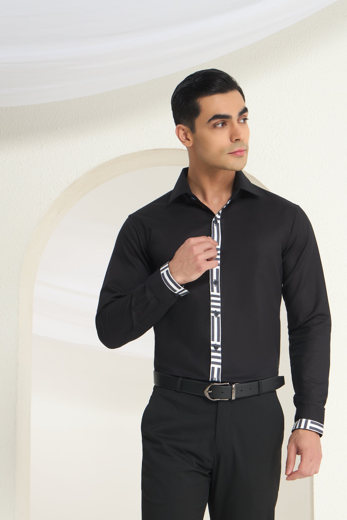Black Linen Shirt for Men with Monochrome Geometric Contrast Placket | INDYSLAY