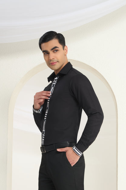 Black Linen Shirt for Men with Monochrome Geometric Contrast Placket | INDYSLAY