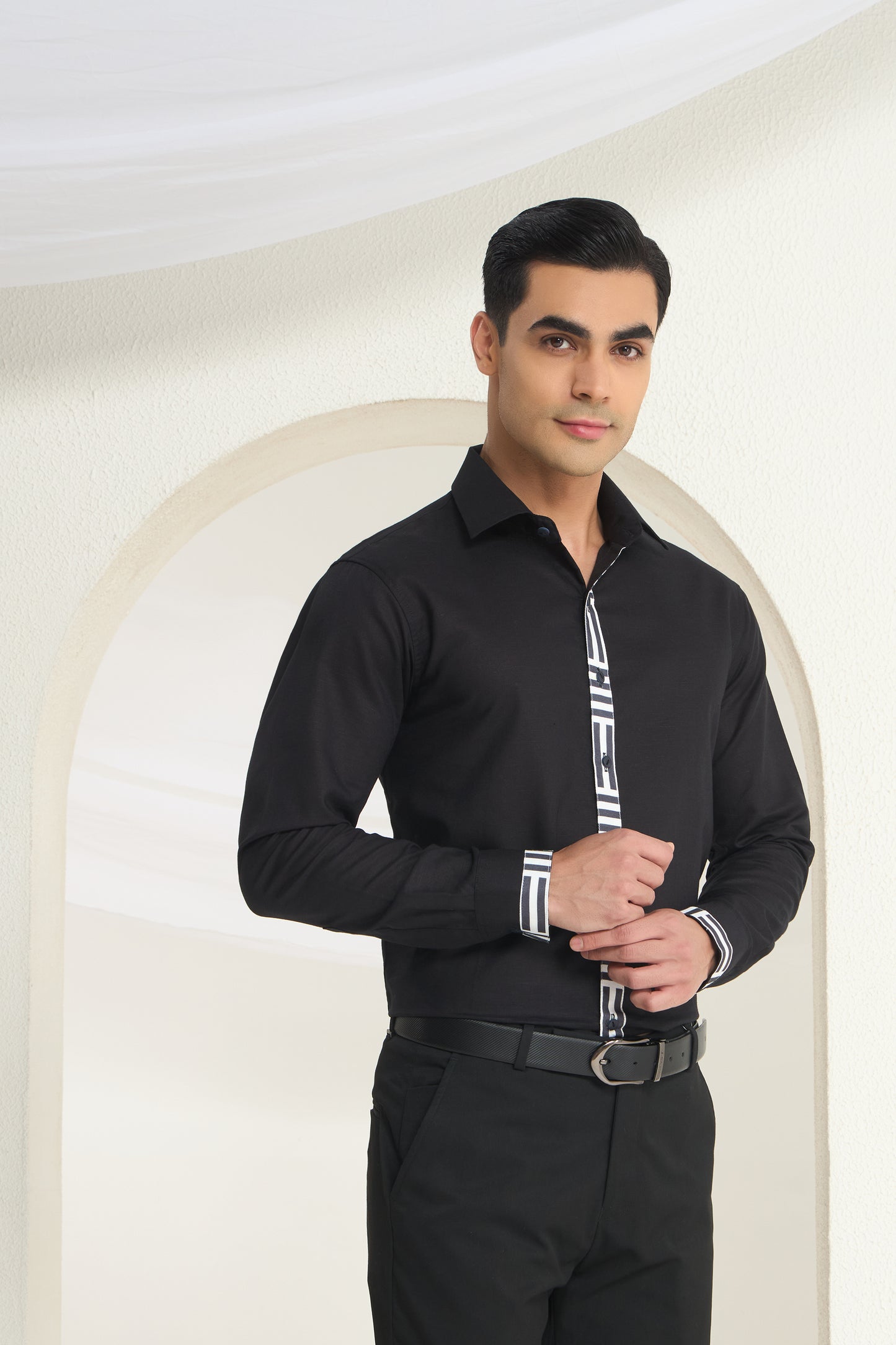 Black Linen Shirt for Men with Monochrome Geometric Contrast Placket | INDYSLAY