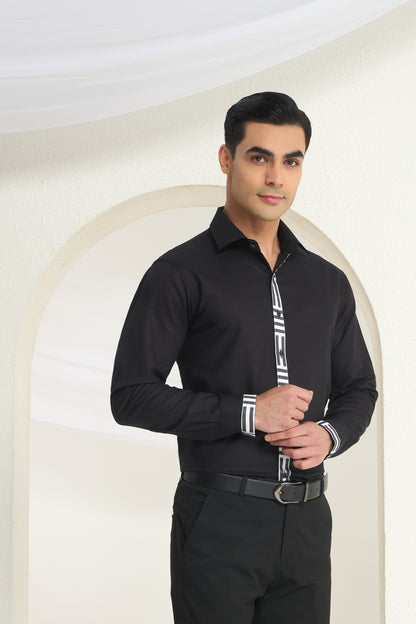 Black Linen Shirt for Men with Monochrome Geometric Contrast Placket | INDYSLAY