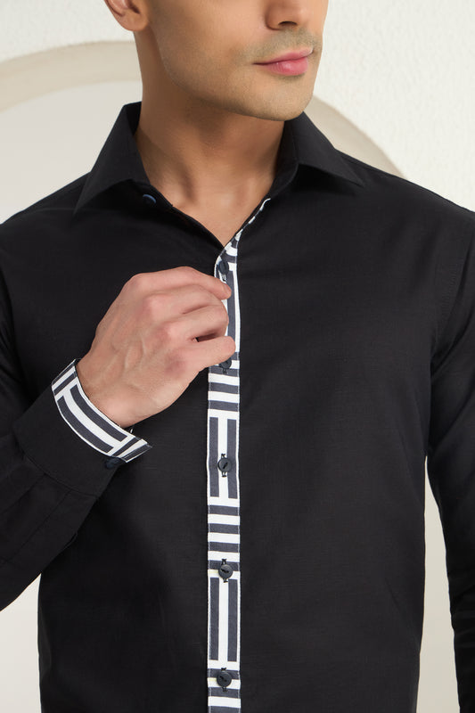 Black Linen Shirt for Men with Monochrome Geometric Contrast Placket | INDYSLAY