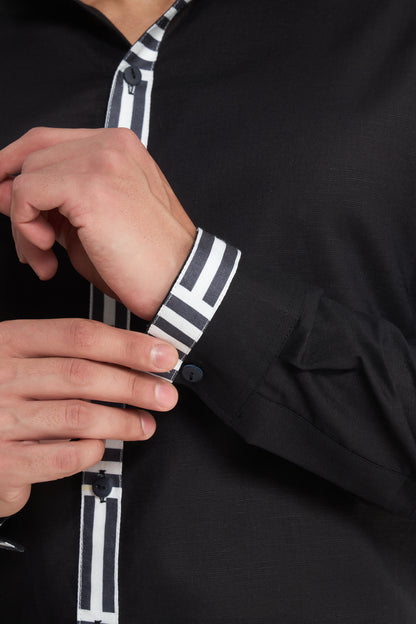 Black Linen Shirt for Men with Monochrome Geometric Contrast Placket | INDYSLAY