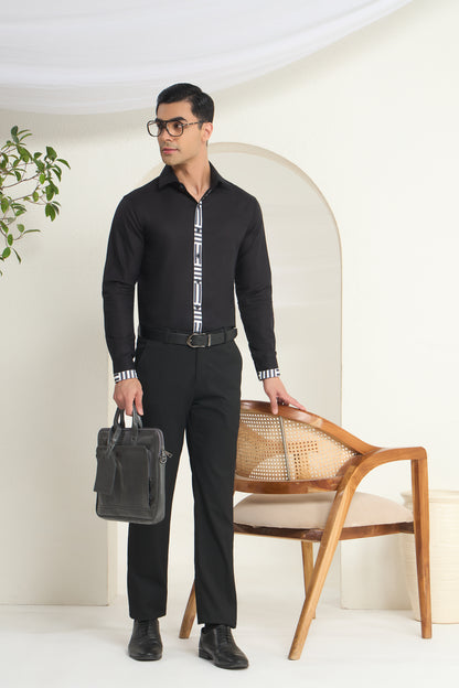 Black Linen Shirt for Men with Monochrome Geometric Contrast Placket | INDYSLAY