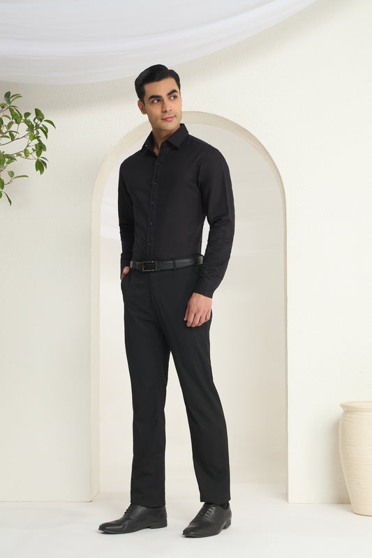 Black Linen-Half Concealed Placket and Hidden Kaaj (Buttonhole) Premium Formal Shirt | INDYSLAY