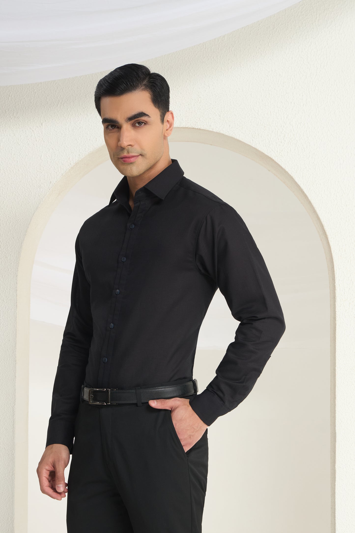 Black Linen-Half Concealed Placket and Hidden Kaaj (Buttonhole) Premium Formal Shirt | INDYSLAY
