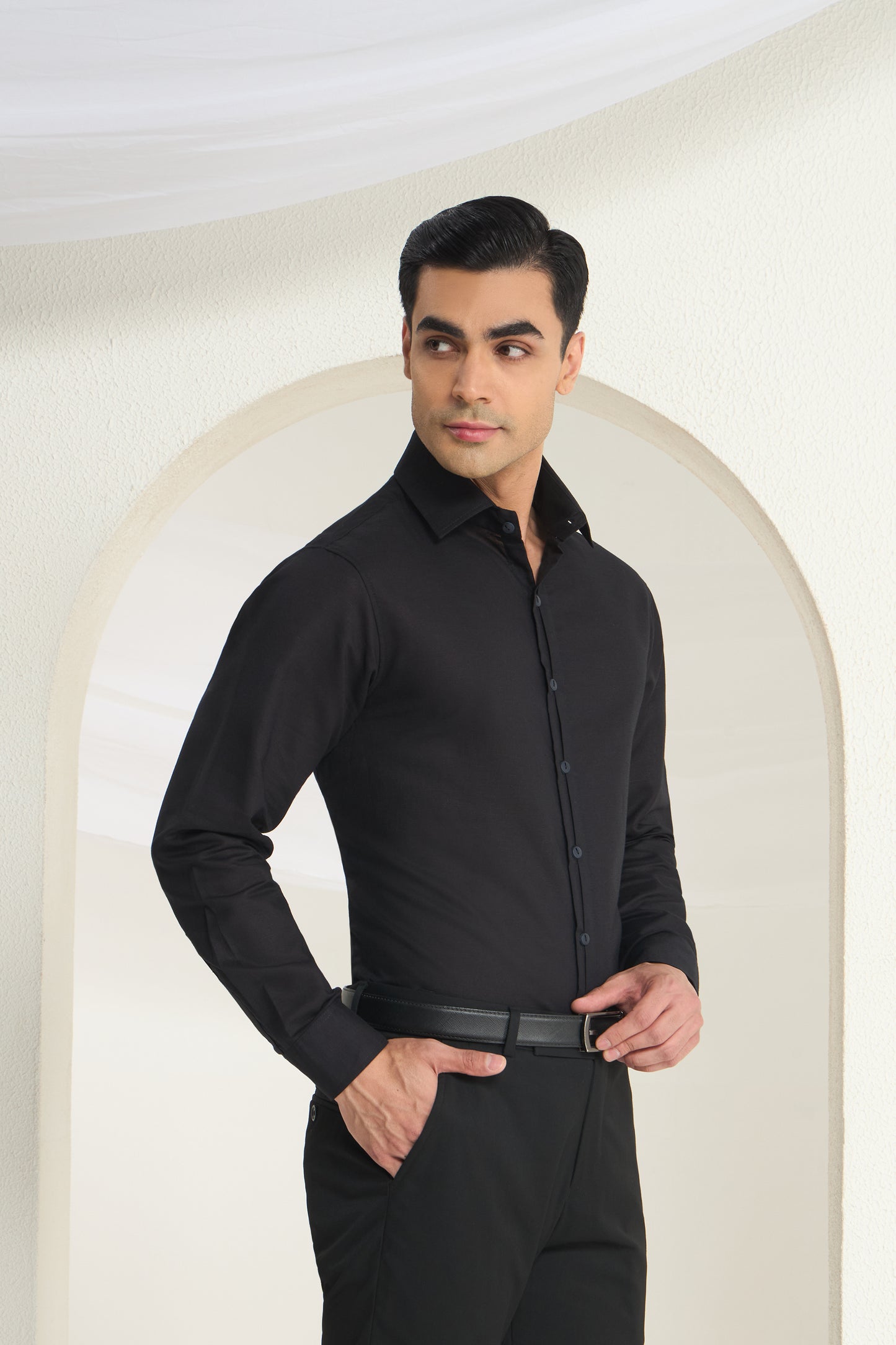Black Linen-Half Concealed Placket and Hidden Kaaj (Buttonhole) Premium Formal Shirt | INDYSLAY