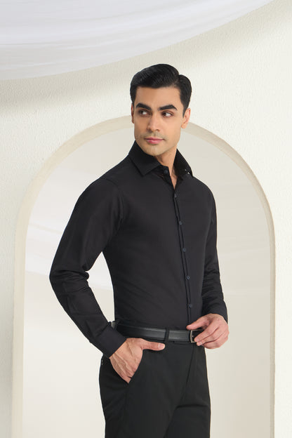Black Linen-Half Concealed Placket and Hidden Kaaj (Buttonhole) Premium Formal Shirt | INDYSLAY