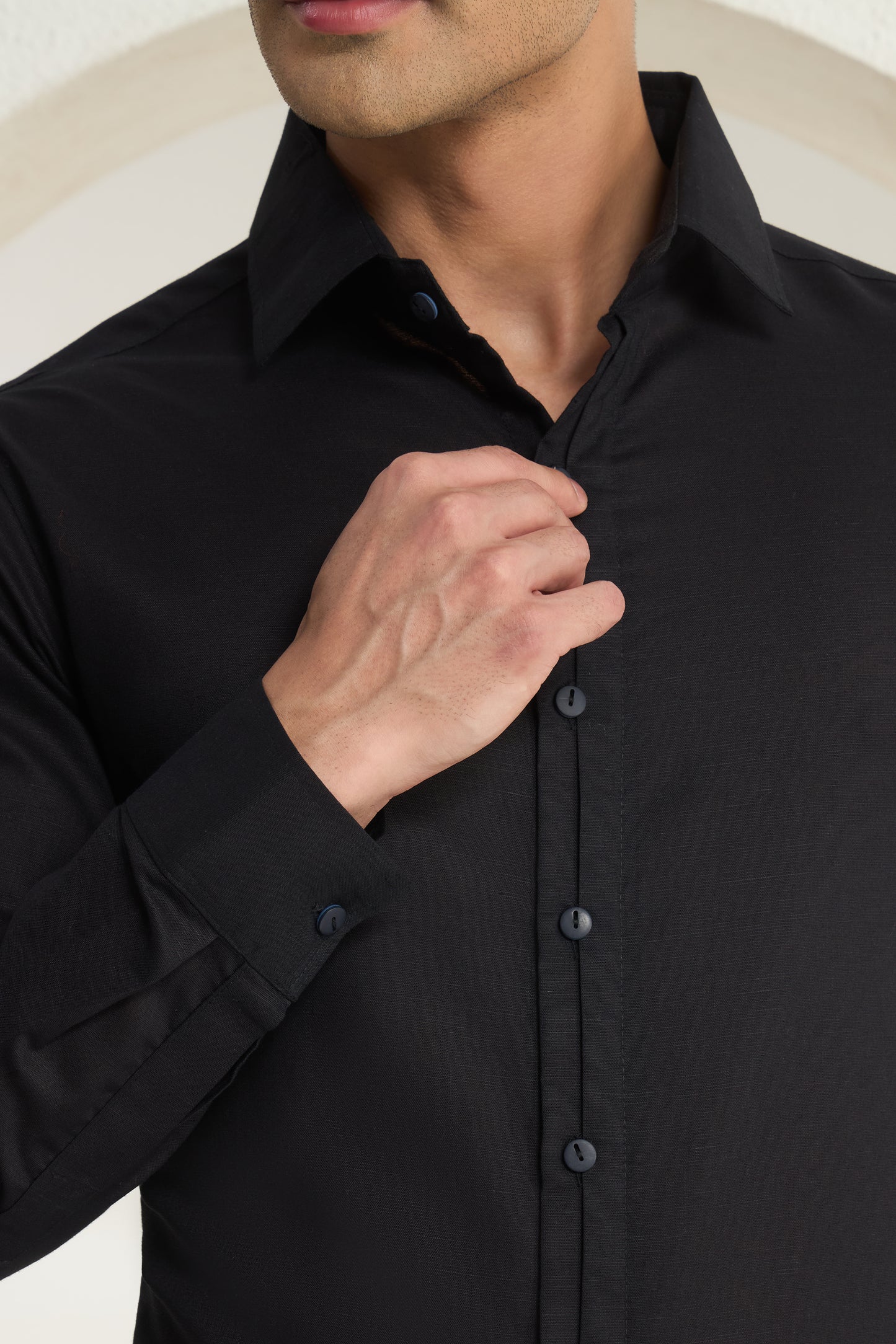 Black Linen-Half Concealed Placket and Hidden Kaaj (Buttonhole) Premium Formal Shirt | INDYSLAY