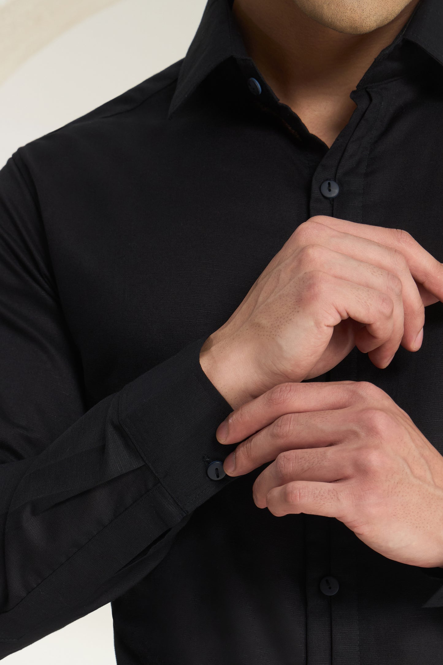 Black Linen-Half Concealed Placket and Hidden Kaaj (Buttonhole) Premium Formal Shirt | INDYSLAY