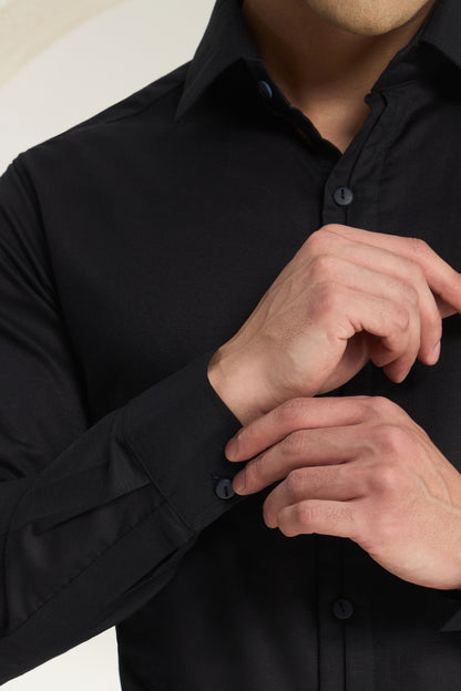 Black Linen-Half Concealed Placket and Hidden Kaaj (Buttonhole) Premium Formal Shirt | INDYSLAY