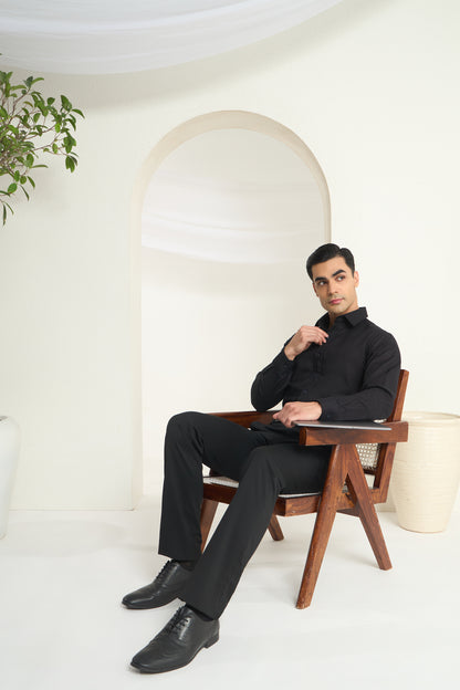 Black Linen-Half Concealed Placket and Hidden Kaaj (Buttonhole) Premium Formal Shirt | INDYSLAY