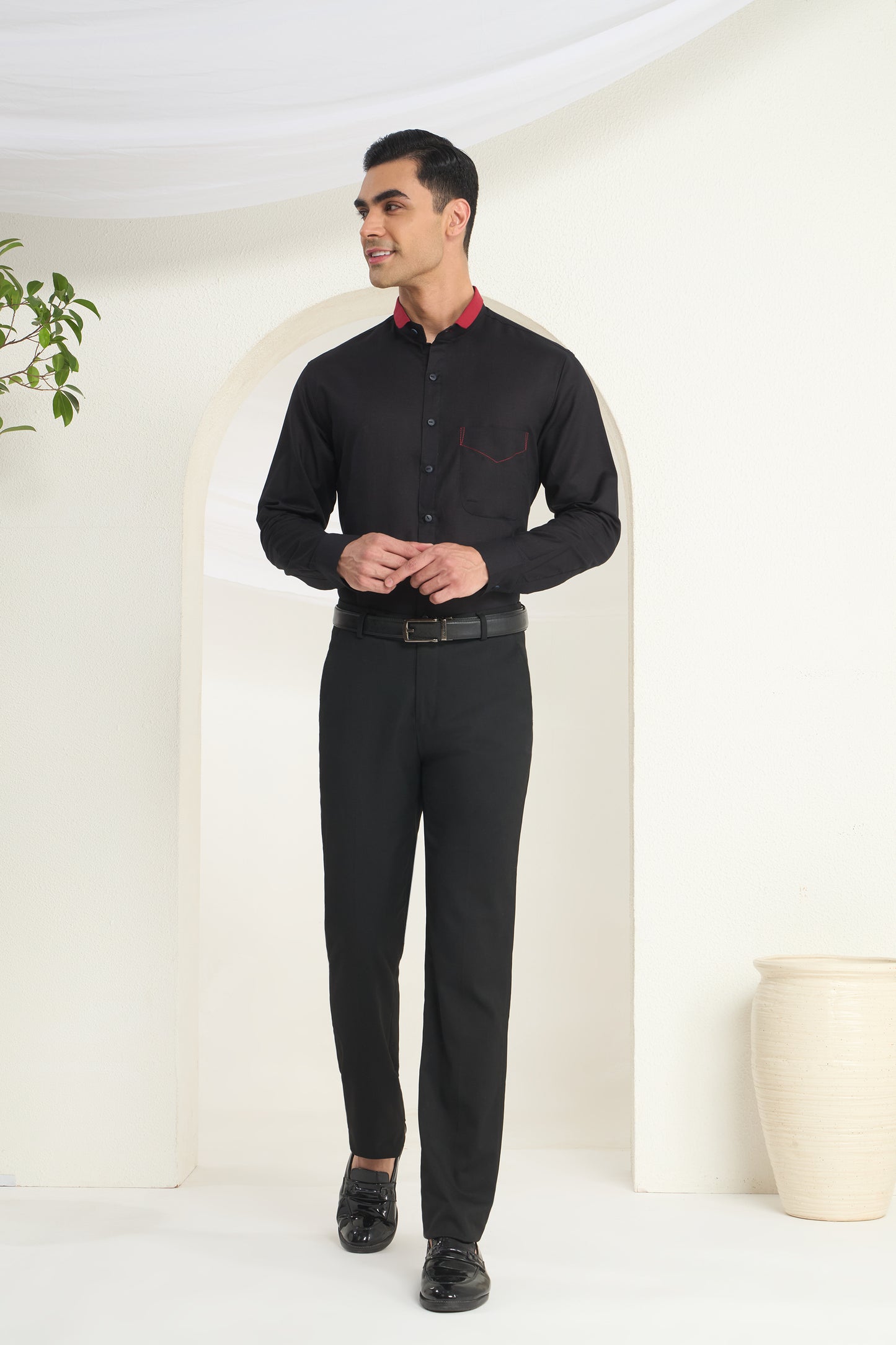 Black Short Collar Linen Shirt with Crimson Contrast Collar & Stitch Detail | INDYSLAY