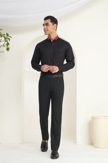 Black Short Collar Linen Shirt with Crimson Contrast Collar & Stitch Detail | INDYSLAY