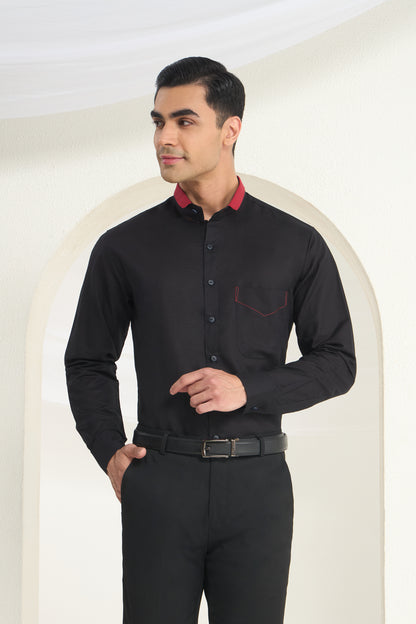 Black Short Collar Linen Shirt with Crimson Contrast Collar & Stitch Detail | INDYSLAY