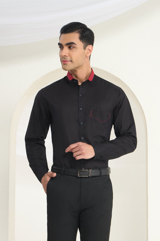 Black Short Collar Linen Shirt with Crimson Contrast Collar & Stitch Detail | INDYSLAY