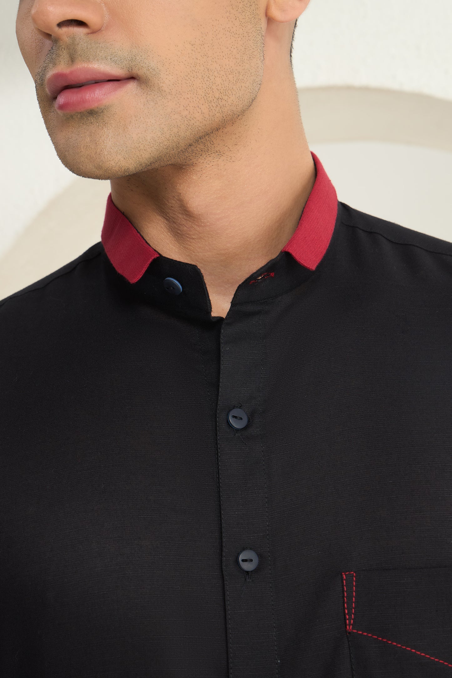 Black Short Collar Linen Shirt with Crimson Contrast Collar & Stitch Detail | INDYSLAY