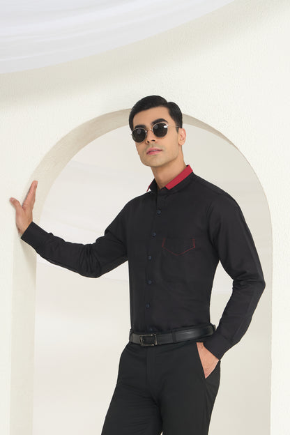 Black Short Collar Linen Shirt with Crimson Contrast Collar & Stitch Detail | INDYSLAY