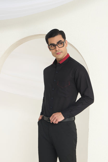 Black Short Collar Linen Shirt with Crimson Contrast Collar & Stitch Detail | INDYSLAY