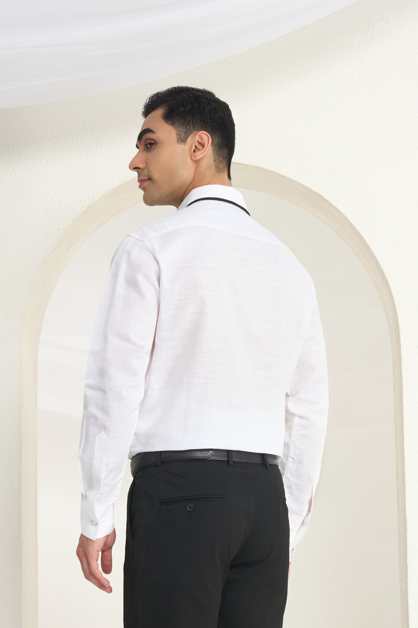 White Linen Shirt for Men with Contrast Stitch Detail | INDYSLAY