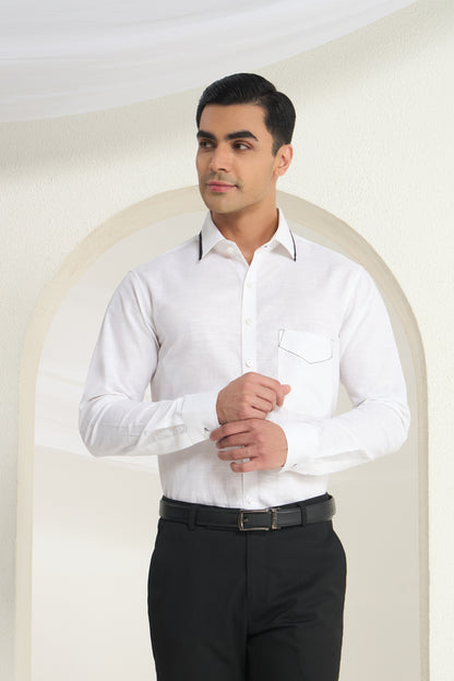 White Linen Shirt for Men with Contrast Stitch Detail | INDYSLAY