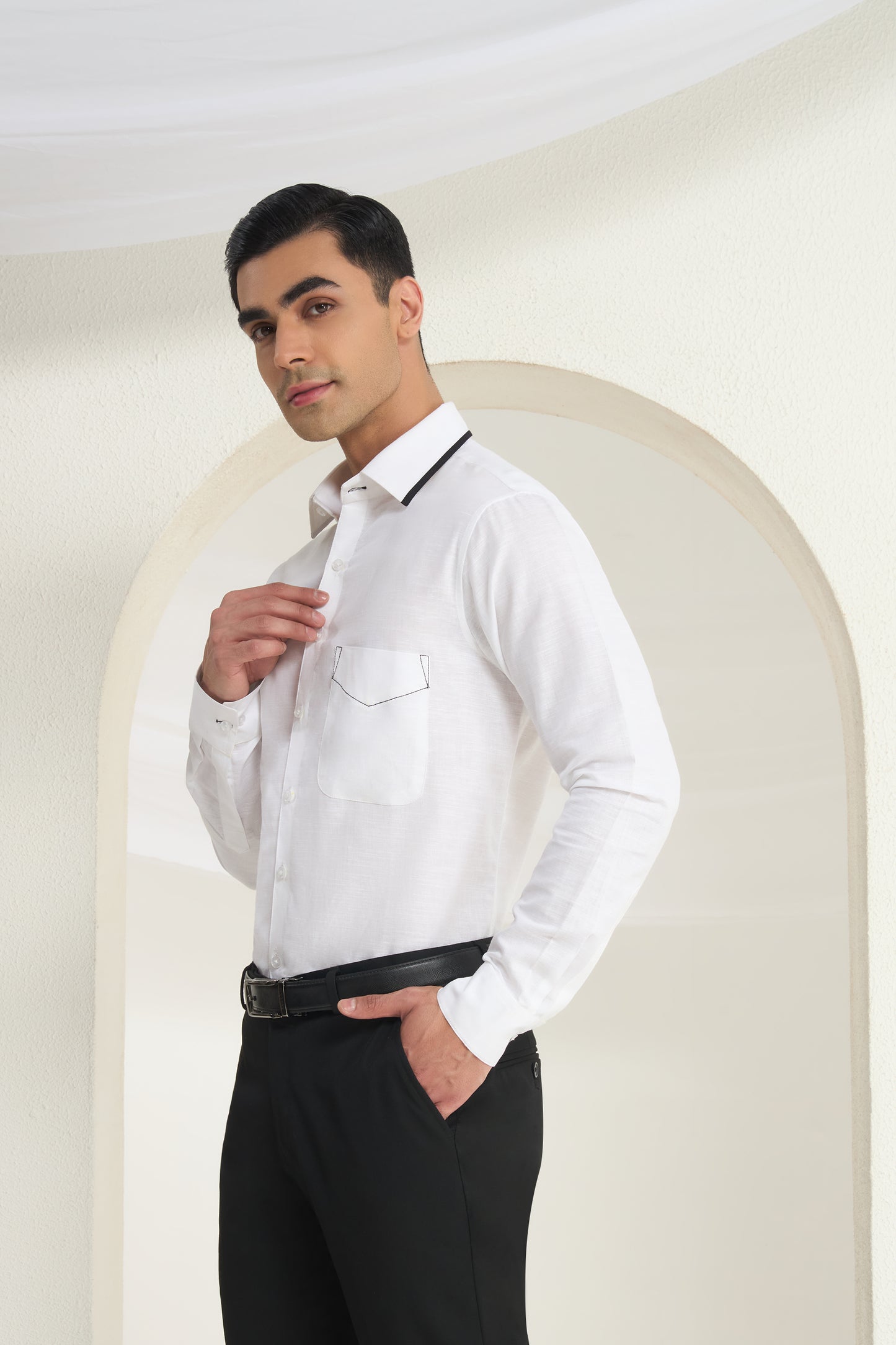 White Linen Shirt for Men with Contrast Stitch Detail | INDYSLAY
