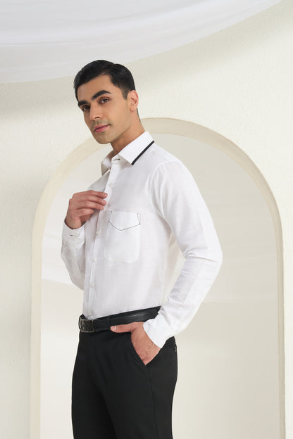White Linen Shirt for Men with Contrast Stitch Detail | INDYSLAY