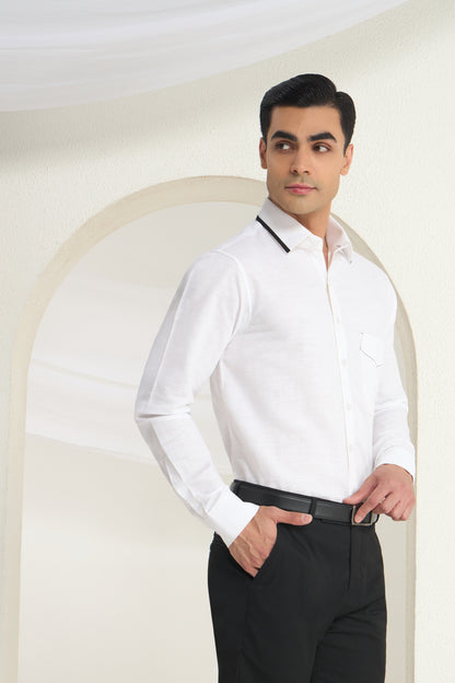 White Linen Shirt for Men with Contrast Stitch Detail | INDYSLAY