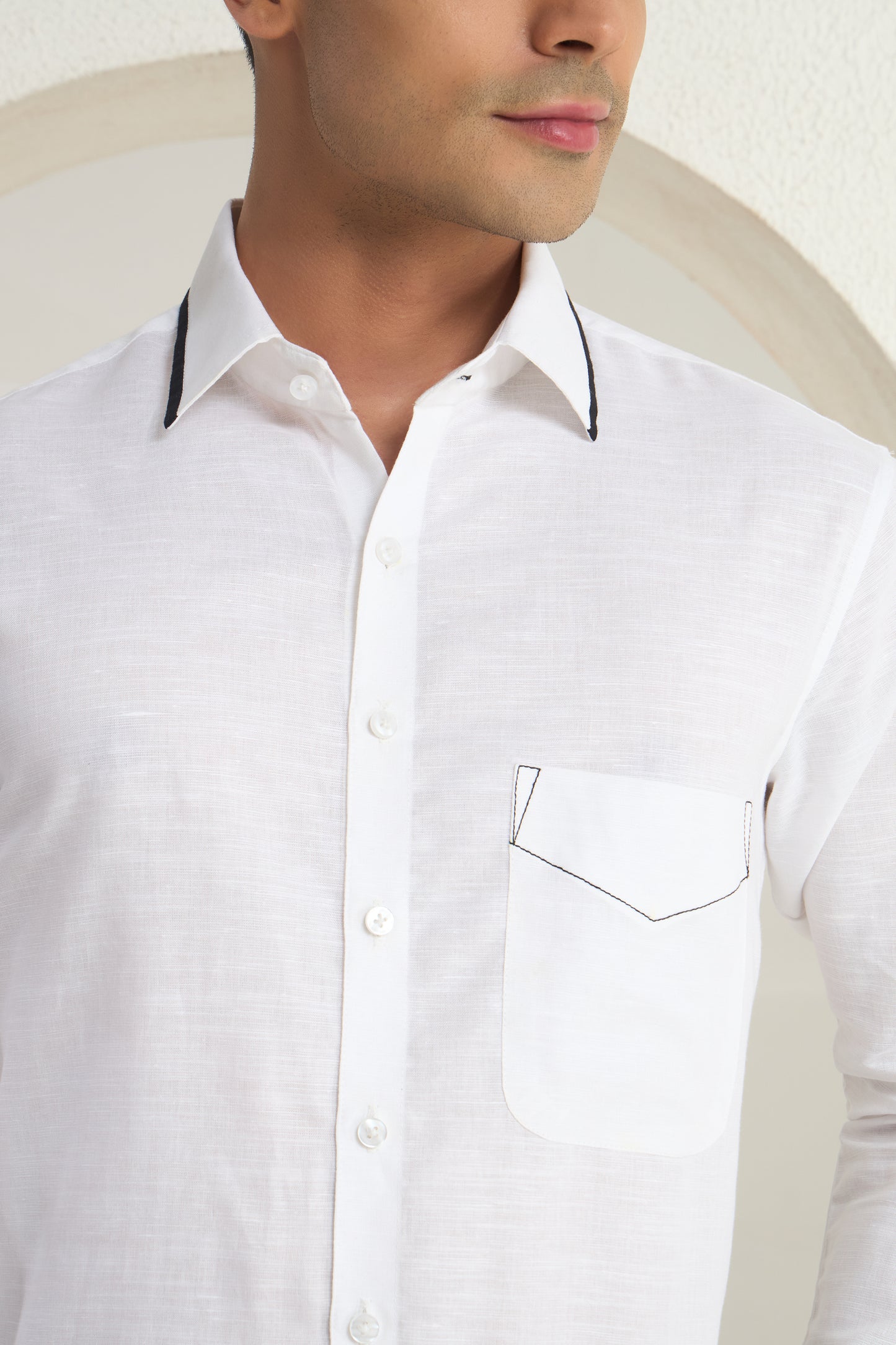 White Linen Shirt for Men with Contrast Stitch Detail | INDYSLAY