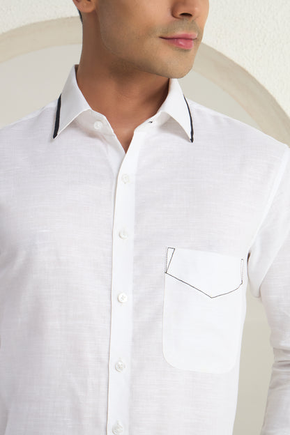 White Linen Shirt for Men with Contrast Stitch Detail | INDYSLAY