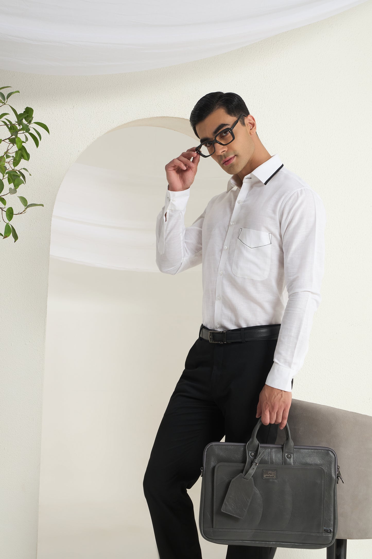 White Linen Shirt for Men with Contrast Stitch Detail | INDYSLAY
