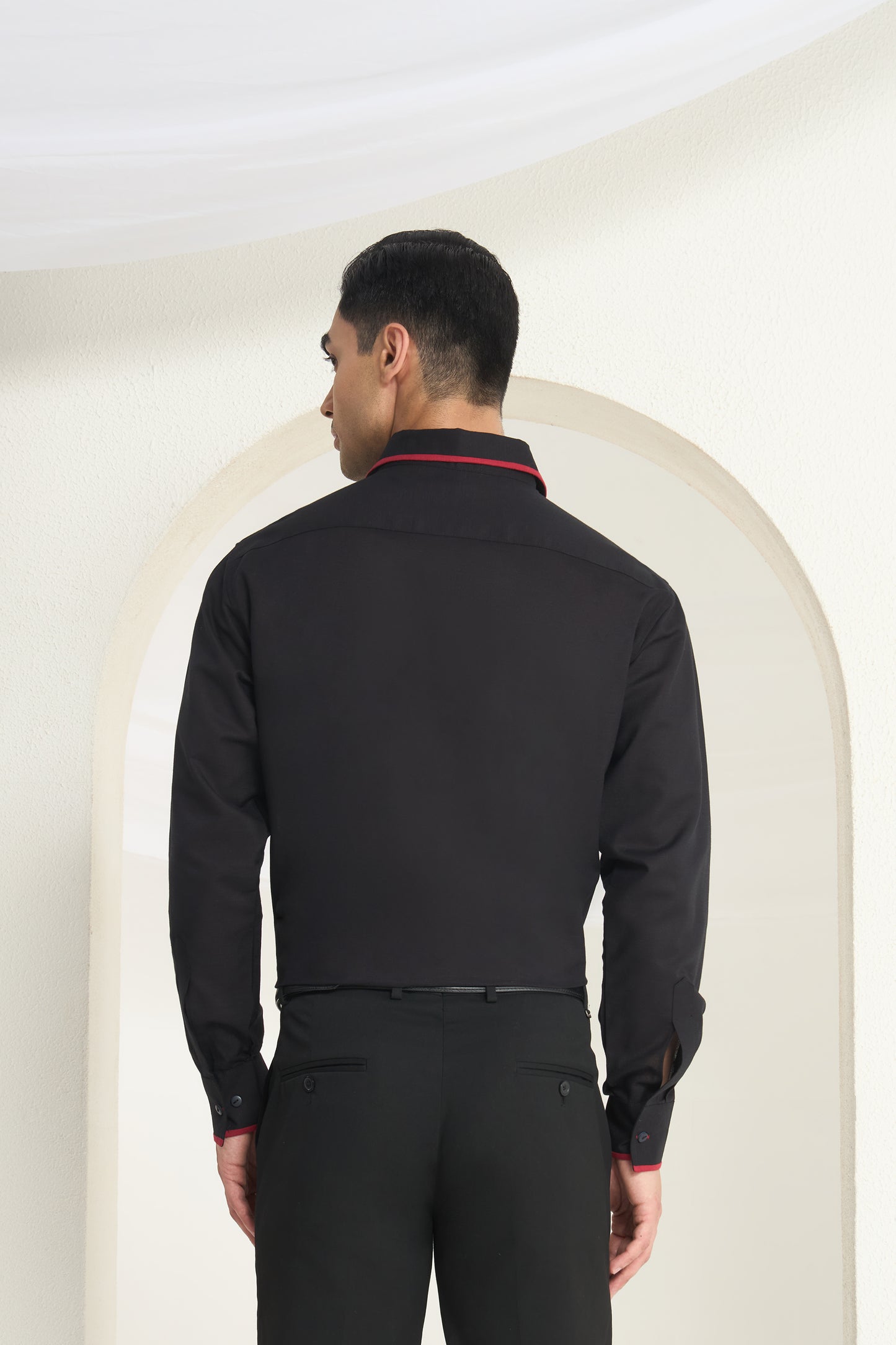 Midnight Black Linen Shirt with Crimson Piping Detail on Collar and Cuff | INDYSLAY