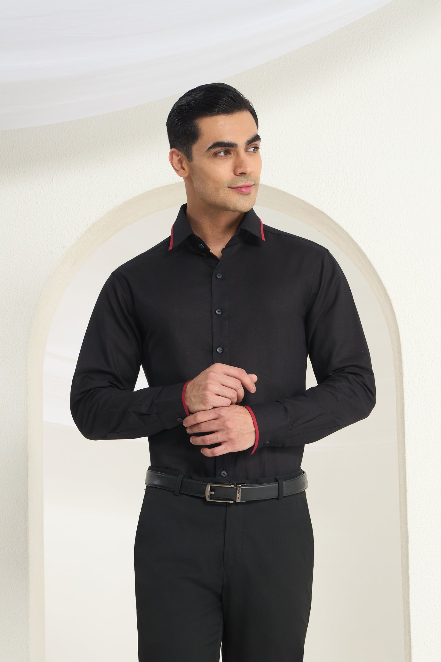 Midnight Black Linen Shirt with Crimson Piping Detail on Collar and Cuff | INDYSLAY
