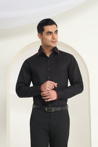 Midnight Black Linen Shirt with Crimson Piping Detail on Collar and Cuff | INDYSLAY