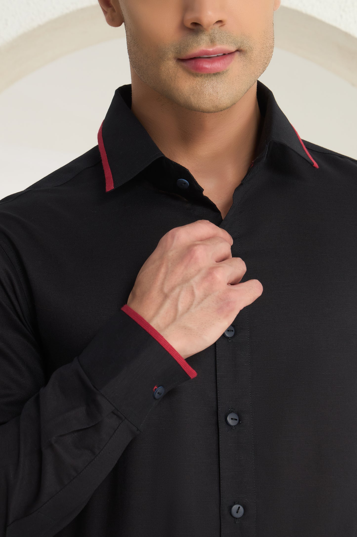Midnight Black Linen Shirt with Crimson Piping Detail on Collar and Cuff | INDYSLAY