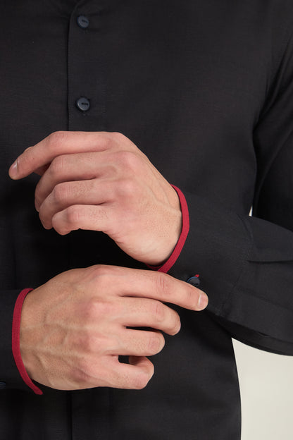 Midnight Black Linen Shirt with Crimson Piping Detail on Collar and Cuff | INDYSLAY