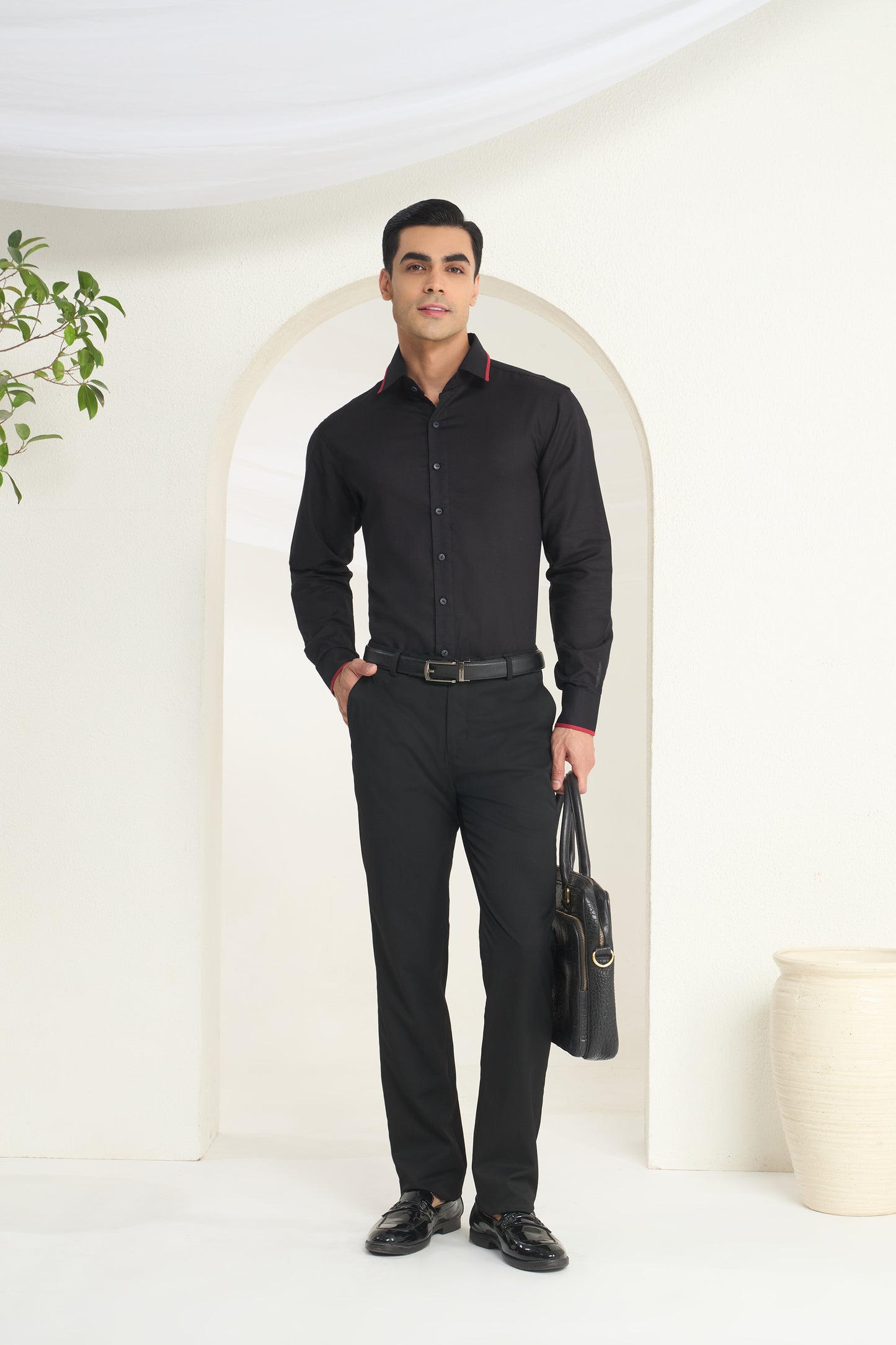 Midnight Black Linen Shirt with Crimson Piping Detail on Collar and Cuff | INDYSLAY