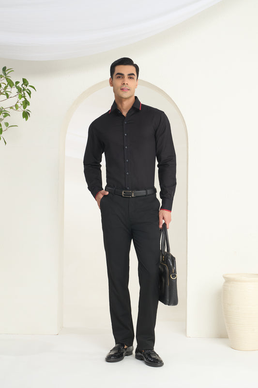 Midnight Black Linen Shirt with Crimson Piping Detail on Collar and Cuff | INDYSLAY