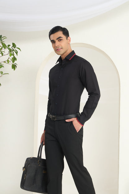 Midnight Black Linen Shirt with Crimson Piping Detail on Collar and Cuff | INDYSLAY