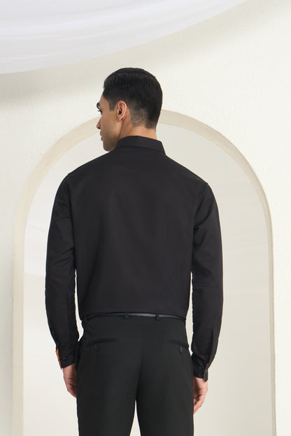 Black Linen Shirt with Paisley Contrast Detailing for Men | INDYSLAY