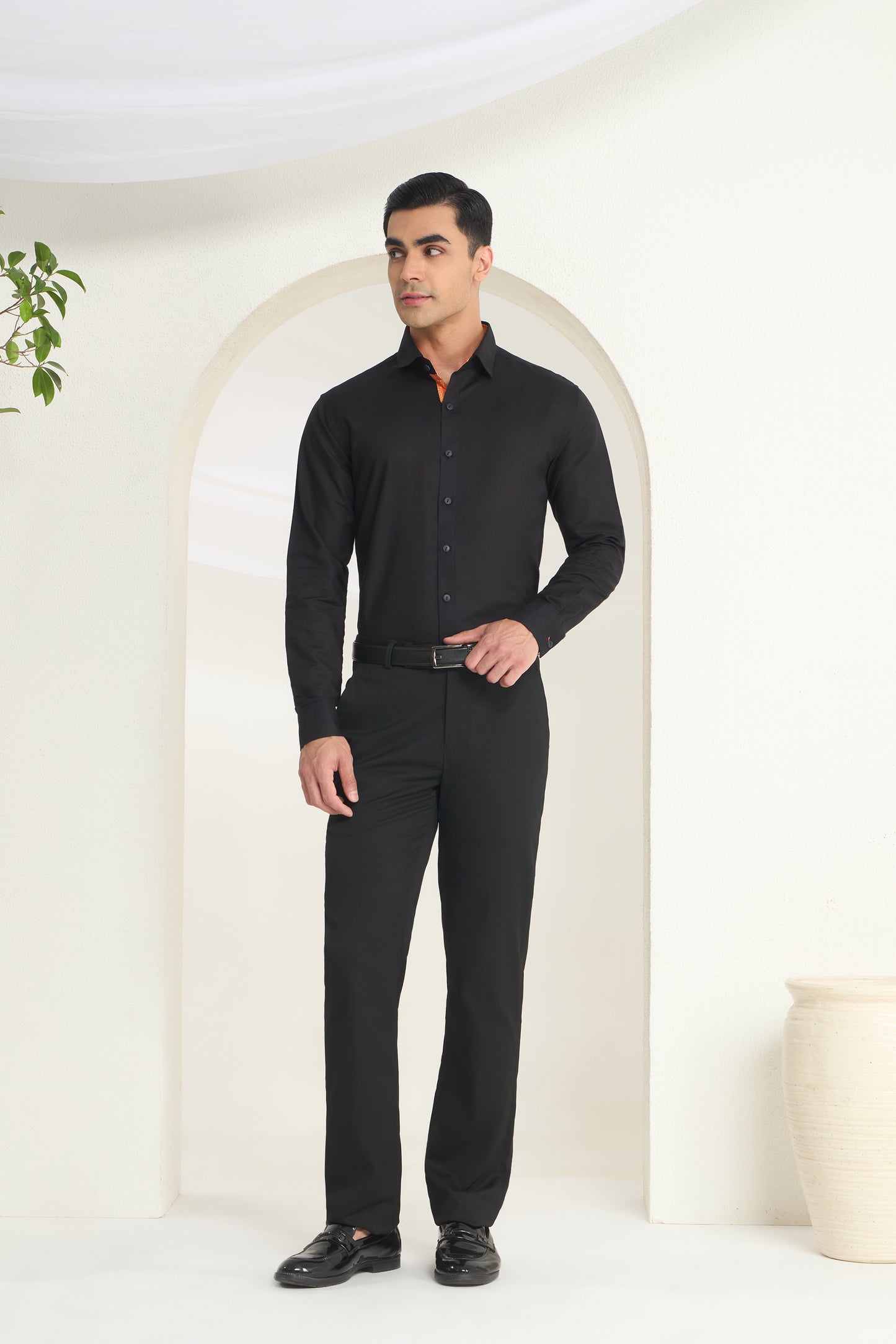Black Linen Shirt with Paisley Contrast Detailing for Men | INDYSLAY